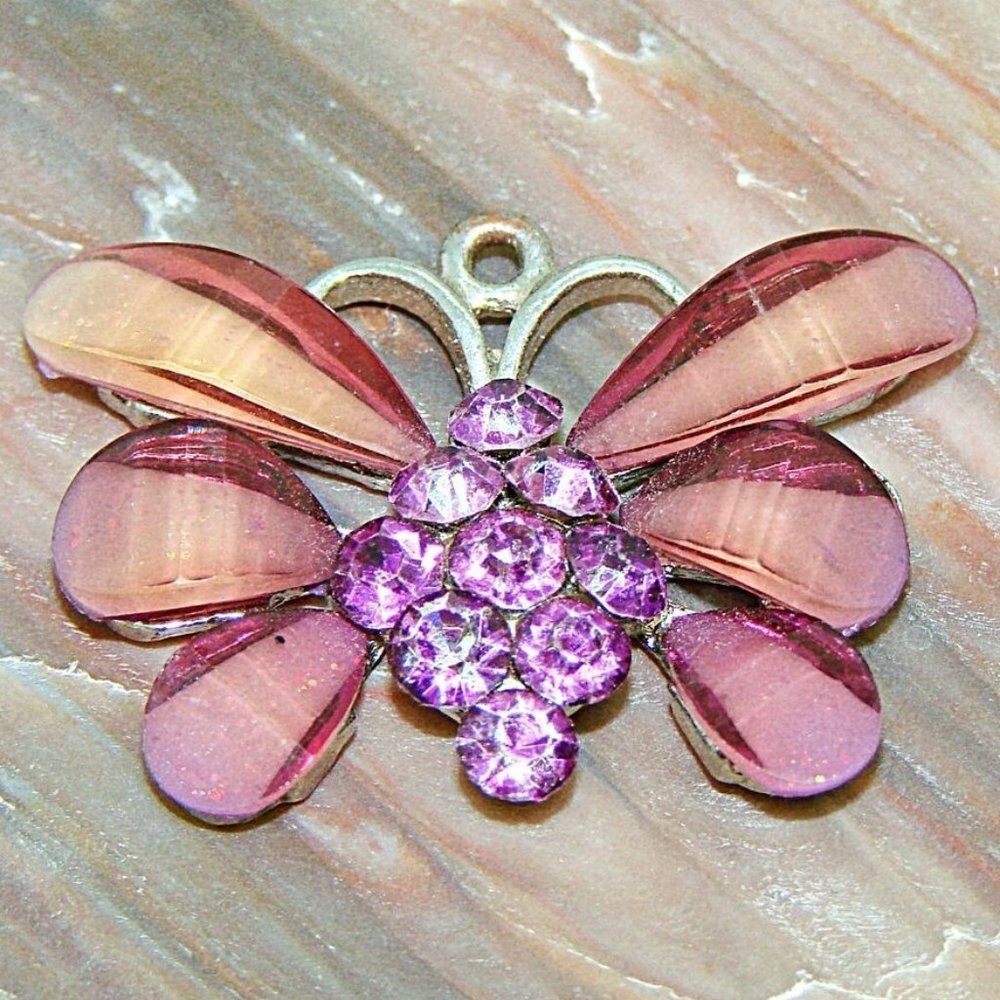 Rhinestone and Acrylic Butterfly Pendant Charm Silver Tone Purple Pink 1x1"